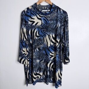 NWOT Susan Graver Blue Black Mock Neck Embellished Tunic Liquid Knit Stretch 2X